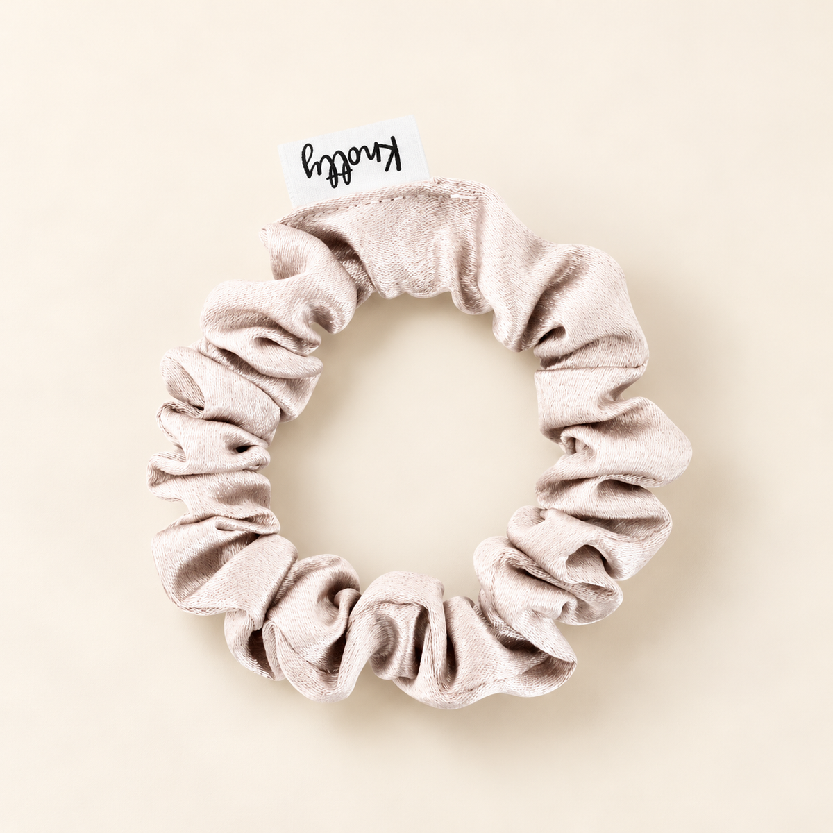 Studio presentation of Slim Washed Satin Scrunchie — Taupe