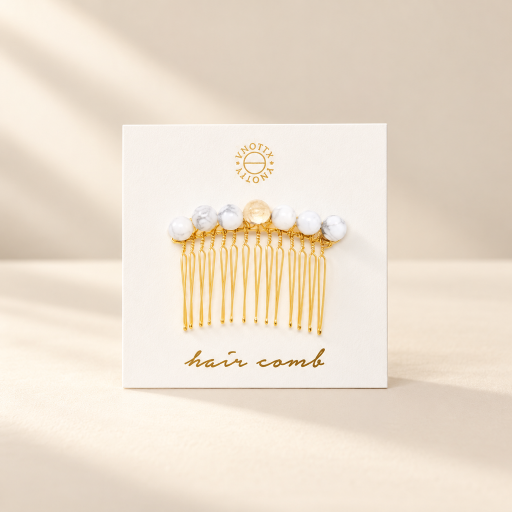 Studio presentation of Tessa Gemstone Hair Comb — White Howlite & Gold